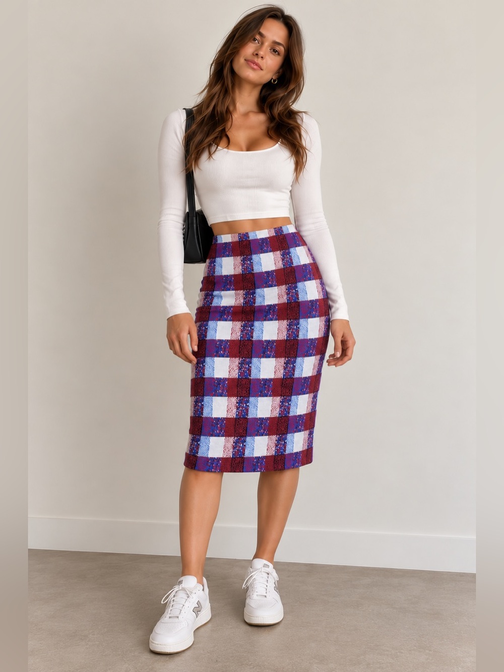 Topshop Plaid Check Fitted Midi Pencil Skirt Red Blue White US 4
